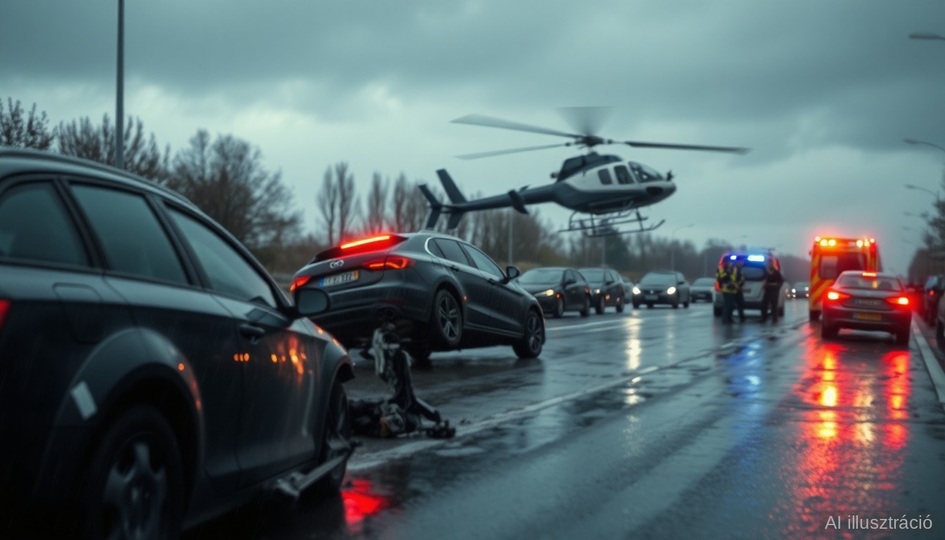 Hat autó ütközött az M1-esen Bicskénél – mentőhelikopter a helyszínen